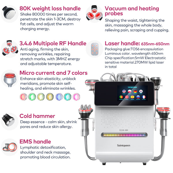 SQ126A Max – 11-i-1 enhet med 80K kavitation, RF, vakuum, laser, EMS och BIO-LED