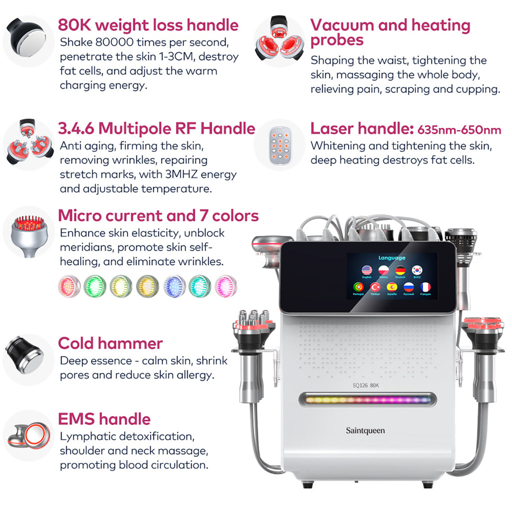 SQ126B Max – 11-i-1 enhet med 80K kavitation, RF, vakuum, laser, EMS och BIO-LED