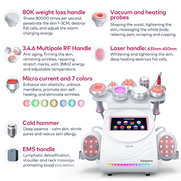 SQ90E Plus – 9-i-1 enhet med 80K kavitation, RF, vakuum, EMS, laser och kylhuvud