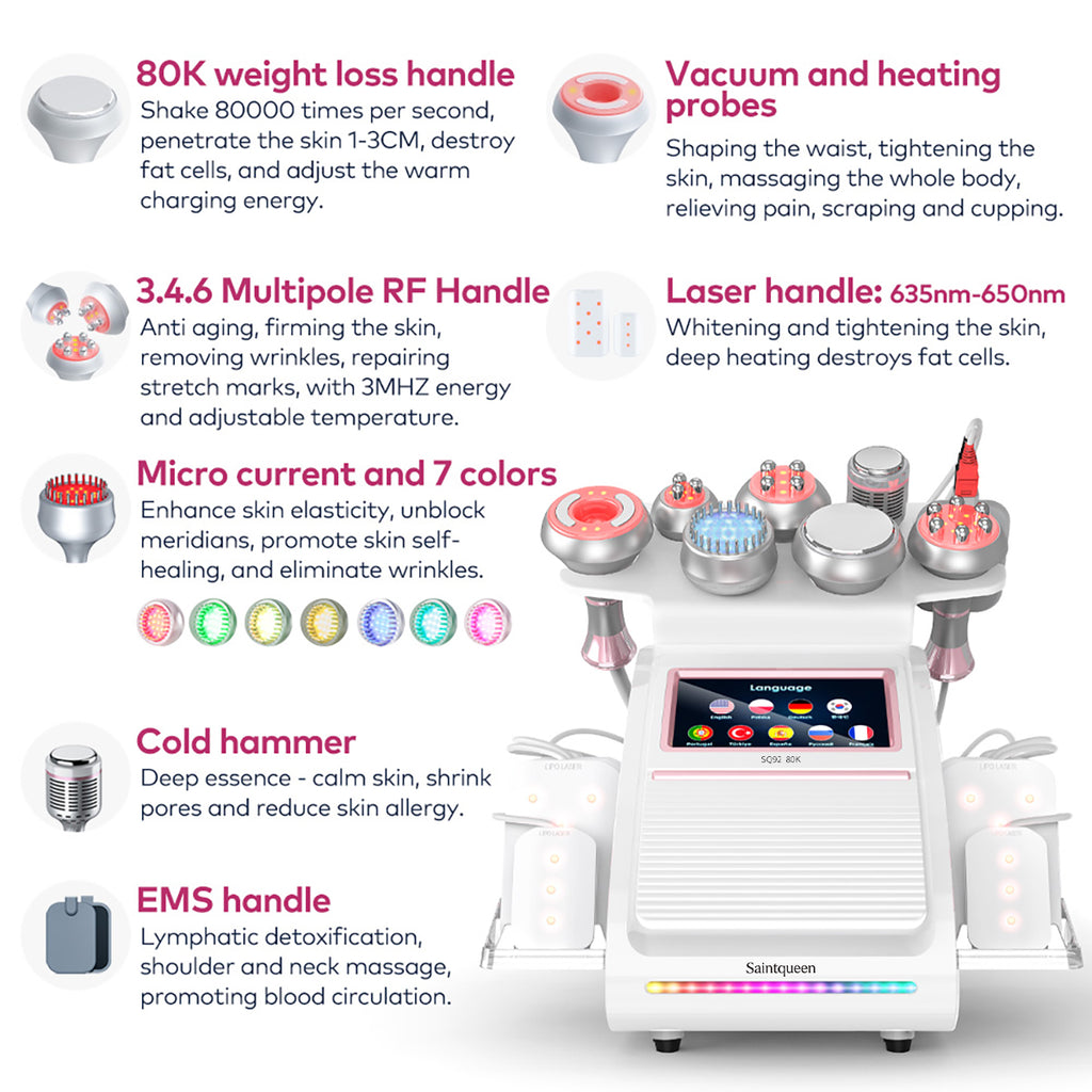 SQ92D Plus – 9-i-1 enhet med 80K kavitation, laser, RF, kylhuvud och mikroström