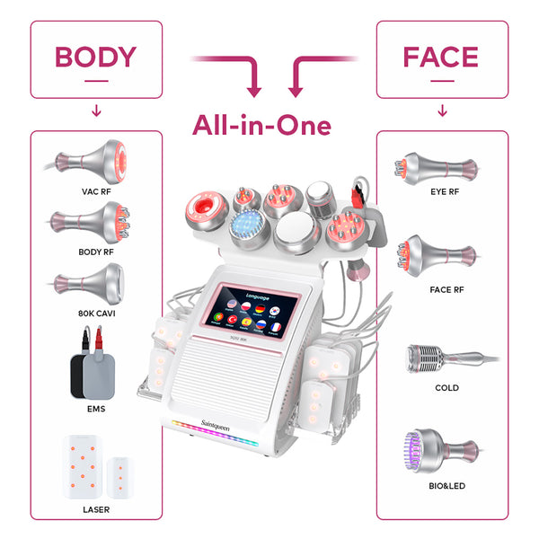 SQ92D Plus – 9-i-1 enhet med 80K kavitation, laser, RF, kylhuvud och mikroström