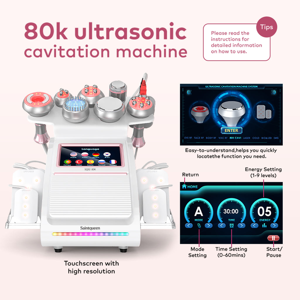 SQ92D Plus – 9-i-1 enhet med 80K kavitation, laser, RF, kylhuvud och mikroström